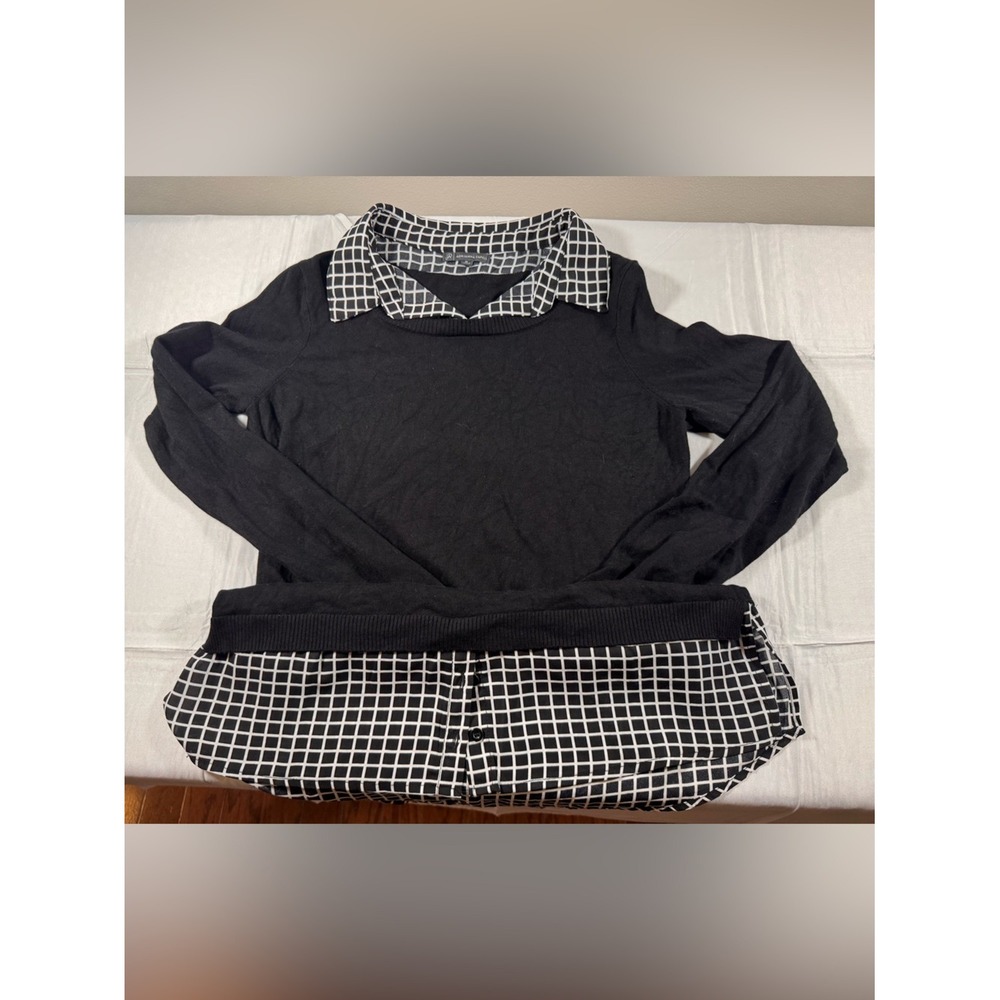 Adrianna Papell Black Grid Print Mixed Media Layered Sweater Top AD1S300211 M